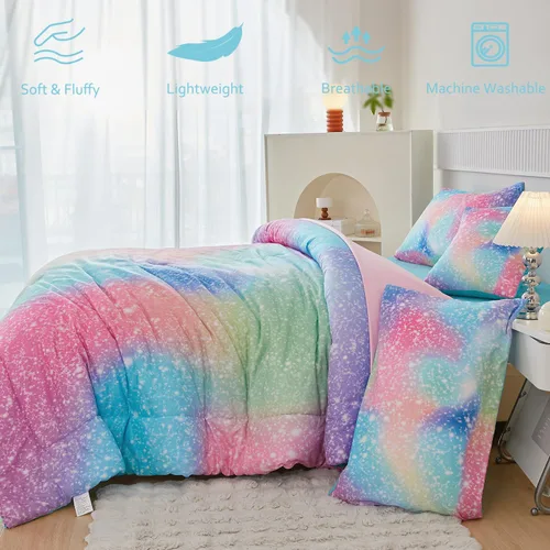 Miniatura 8 de PERFEMET Juego de edredón de tamaño completo para niñas, 6 piezas, rosa verde degradado arcoíris, juego de ropa de cama colorido tie dye con Azul