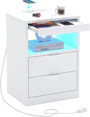 Miniatura 12 de ADORNEVE Mesita de noche LED negra con estación de carga inalámbrica, 2 cajones, moderna mesa auxiliar de dormitorio con luces LED, mesa de noche