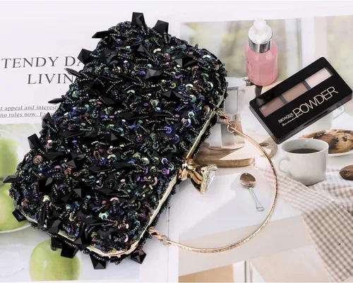 Miniatura 5 de Oweisong Bolso de mujer con diamantes de imitación de cristal negro para boda, bolso de hombro con cuentas de diamantes brillantes para graduación