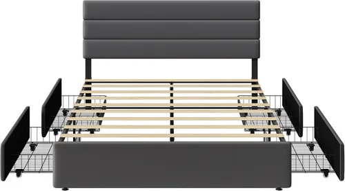 Miniatura 7 de WLIVE Base de cama tapizada tamaño Queen con 4 cajones de almacenamiento y cabecero, marco de cama de plataforma de terciopelo, soporte de listones