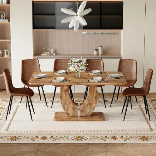 Miniatura 11 de Juego de mesa de comedor moderno para 4, mesa de cocina de madera de 63 pulgadas con 4 sillas tapizadas de gamuza de tela, estilo granja con parte