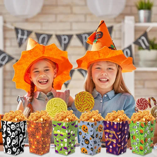 Miniatura 7 de Roshtia 24 cajas de palomitas de maíz de Halloween, 6 diseños de bolsas de palomitas de maíz, cajas de dulces para golosinas para aperitivos, bolsas