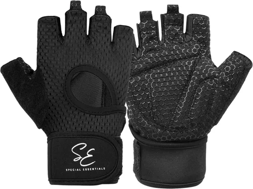 Special Essentials Guantes de entrenamiento para hombres y mujeres, guantes de levantamiento de pesas sin dedos con acolchado antideslizante para