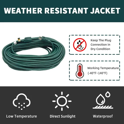 Miniatura 6 de Cable de extensión para exteriores de 10 pies, 16/3 SJTW, cable de extensión verde duradero para luces de Navidad con enchufe de tierra de 3 puntas