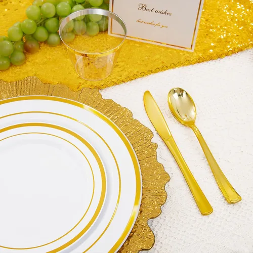 Miniatura 8 de Juego de vajilla desechable dorada de 150 piezas para 25 invitados, platos de plástico dorado y blanco para fiestas, 25 platos de cena y ensalada