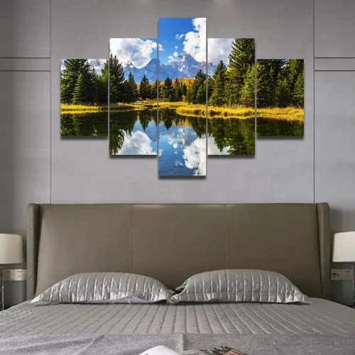 Miniatura 3 de TUMOVO Lienzo decorativo para pared de sala de estar, 5 paneles de naturaleza, Alaska, Estados Unidos, autopista alrededor de montañas, paisaje