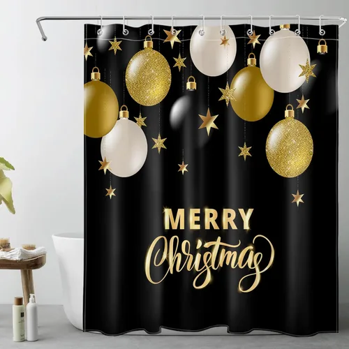 LB Cortina de ducha de Feliz Navidad, bola de Navidad blanca y dorada sobre cortina de ducha negra para baño, 60 x 72 pulgadas, tela de poliéster,