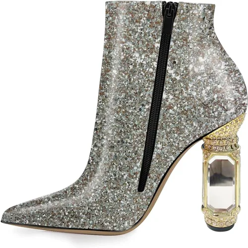 Miniatura 10 de FSJ Botas de tacón alto con punta puntiaguda para mujer, con tacón alto, con cremallera lateral brillante, estilo casual, para uso diario, zapatos