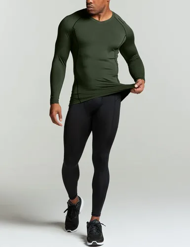 Miniatura 4 de TSLA - Camiseas térmicas de compresión de manga larga con cuello en V para hombre, ideales para usar como capa base para hacer ejercicio, correr