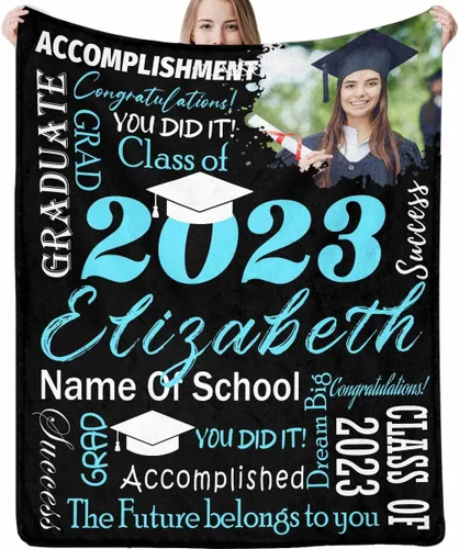 Miniatura 26 de Decoraciones de graduación 2023, manta de regalo para ella, él, felicitaciones 2023, azul oscuro, manta de graduado con nombre personalizado, No.11