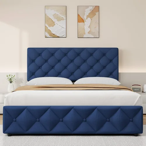 Miniatura 14 de IDEALHOUSE Base de cama de tamaño matrimonial con 4 cajones de almacenamiento y cabecera ajustable, camas de plataforma tapizadas con tapizado