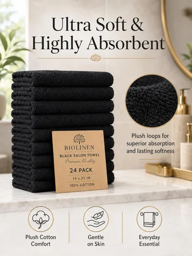 Miniatura 2 de BIOLINEN Juego de 24 toallas de algodón para salón de belleza, 15 x 25 pulgadas, ultra suaves, 100% algodón, toalla de mano, color blanco y negro