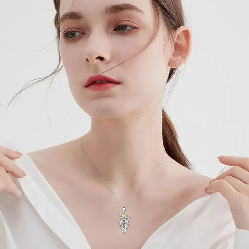 Miniatura 2 de YFN Collar con colgante de corazón de perezoso, búho, vaca, nutria, vaca, de las tierras altas, para mujeres y niñas, de plata de ley, perezoso