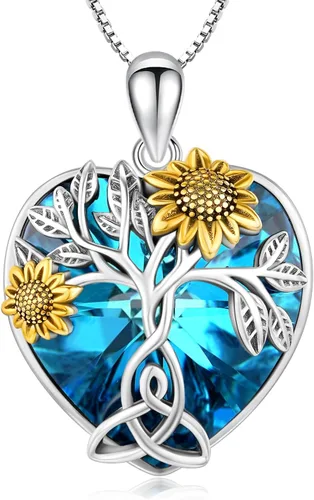 CHENGHONG Collar de girasol de plata de ley 925, collar con colgante de árbol de la vida, margaritarosagirasol, joyería de girasol, regalos para