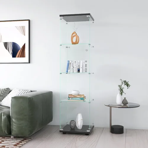 Vitrina de cristal con 4 estantes con puerta y cerradura, estilo Curio mejorado, de instalación rápida, 0.197 in, estante de pie de vidrio templado