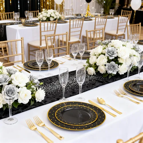 Miniatura 3 de DaYammi 200 platos de plástico dorado y negro con cubiertos, platos desechables negros para fiestas, suministros de oro negro, incluye 40 platos