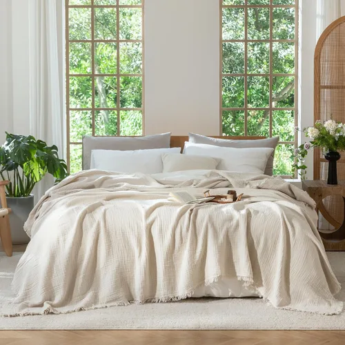 Miniatura 31 de MooMee - Manta de muselina 100% algodón, manta de 4 capas de gasa con borlas, ultra suave, transpirable, ligera y refrescante para cama y sofá Verde