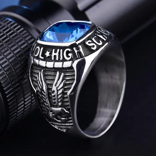 Miniatura 4 de MASOP Los hombres de la escuela secundaria azul cielo anillos joyería de acero inoxidable tono plata tamaño 8-15