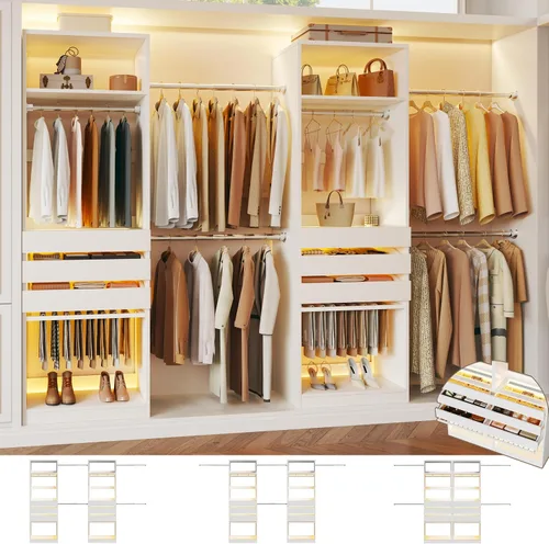 Miniatura 12 de Sistema de armario, organizador de armario de 4 a 8 pies con 3 cajones de madera y parte superior de cristal, armario de 102 pulgadas con 5 varillas