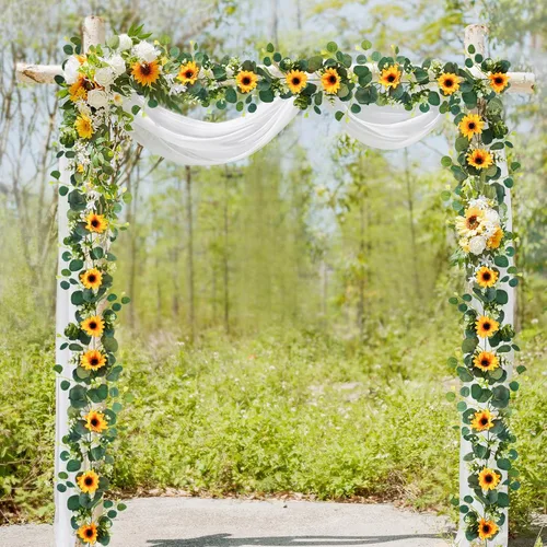 Miniatura 5 de Uieke Paquete de 2 guirnaldas artificiales de girasol, 6 pies/hebra, girasoles de seda colgantes enredaderas, guirnalda de flores con hojas verdes
