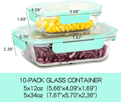 Miniatura 2 de C CREST [Paquete de 10] Contenedores de vidrio para almacenamiento de alimentos con tapas, herméticos, sin BPA, recipientes de preparación de Verde