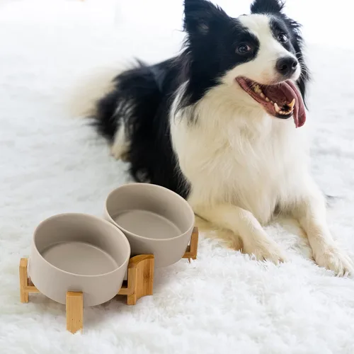 Miniatura 7 de SPUNKYJUNKY Cuenco de cerámica inclinado de 15° para perros y gatos con soporte de madera, cuenco inclinado para comida y agua para bulldog Gris