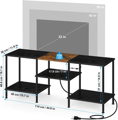 Miniatura 2 de BTY Soporte de TV con luces LED, centro de entretenimiento de TV industrial con estación de carga y estantes de almacenamiento abiertos, consola