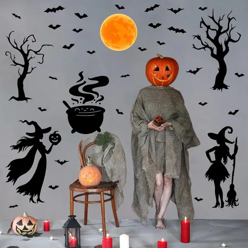 Miniatura 7 de Calcomanías de Halloween para ventana, calcomanías de brujas negras, calcomanías de pared de Halloween, murciélagos de árbol negro, murales de arte