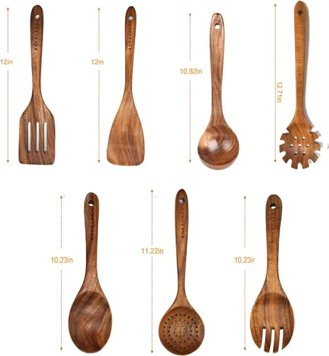 Miniatura 2 de Juego de utensilios de cocina de madera de teca, 7 piezas, utensilios de cocina de madera, incluye espátula