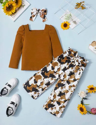 Miniatura 4 de Conjunto de 3 piezas de ropa para niña pequeña, cuello cuadrado, manga larga abombada, pantalones a rayas + diadema