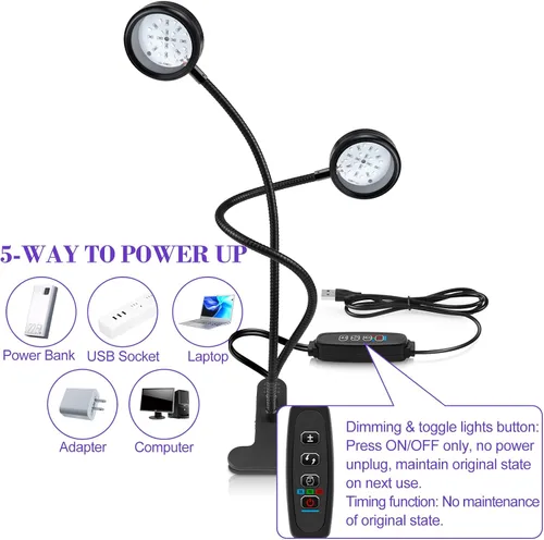 Miniatura 6 de inShareplus Luz de doble cabeza UV regulable de 395 nm ~ 405 nm con USB, luces de resina de abrazadera negra UV portátil de 10 W, lámpara de curado