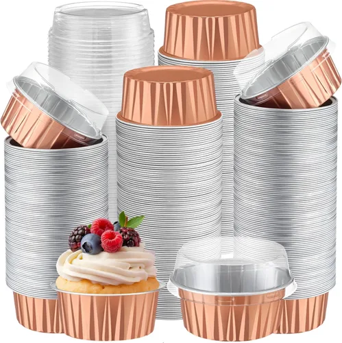 Miniatura 18 de Gejoy 400 Piezas Moldes de Papel de Aluminio para Hornear con Tapas 5 oz Moldes Desechables Ramekins Mini Moldes para Pasteles Crème Brûlée Moldes