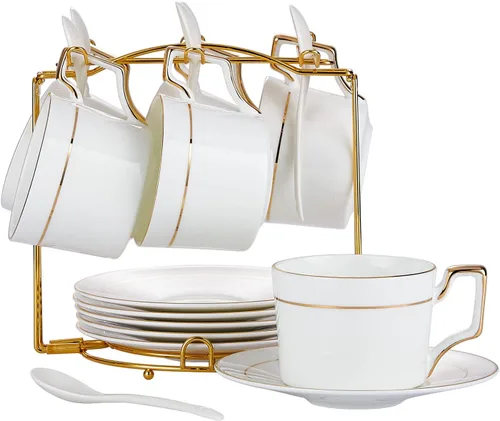 Juego de tazas de té y platillos de porcelana, tazas de té de 6 onzas con borde dorado, tazas de café blancas y tazas con soporte para capuchino,