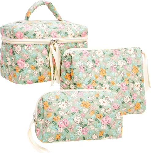 Miniatura 10 de PAZIMIIK - Bolsa de maquillaje de algodón para mujer, grande, acolchada para viaje, Rosa (Bow Pink), Vintage