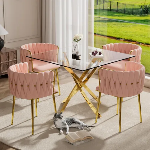 Miniatura 19 de RGZ Juego de mesa de cocina cuadrada minimalista moderna de 3 piezas, mesa de comedor de vidrio transparente con sillas tejidas negras, juego de 2