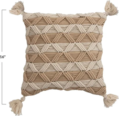 Miniatura 3 de Bloomingville Bloomingville - Almohada de macramé de algodón tejida a mano con rayas y borlas, color marrón y crema