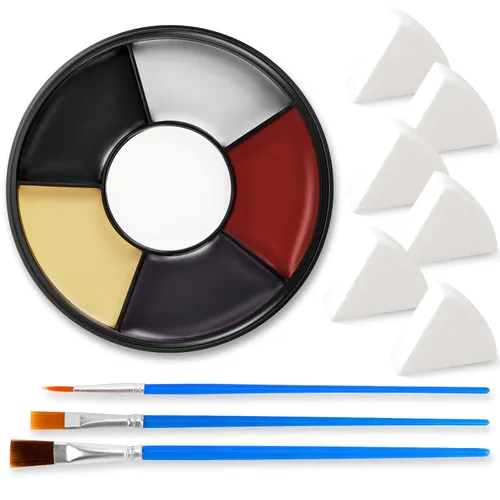 Pintura facial y corporal de Halloween de 6 colores + 6 esponjas + 3 brochas de maquillaje, negro, rojo, blanco, amarillo, moretones SFX, pintura