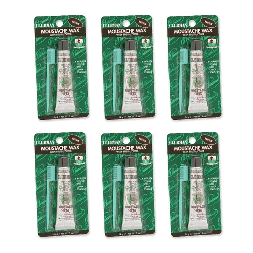 Clubman Pinaud Cera para bigote con aplicador de peine, para peinado y mejora del color, marrón, 0.5 onzas (paquete de 6)
