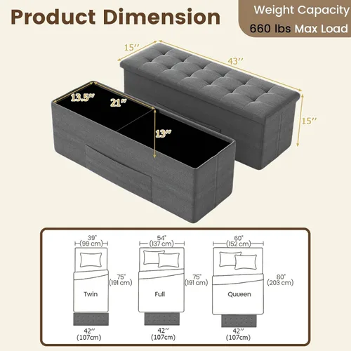Miniatura 3 de Giantex Banco otomano de almacenamiento, 43 pulgadas de largo, plegable, con bolsillo lateral, divisor, banco de zapatos acolchado para sala de Gris