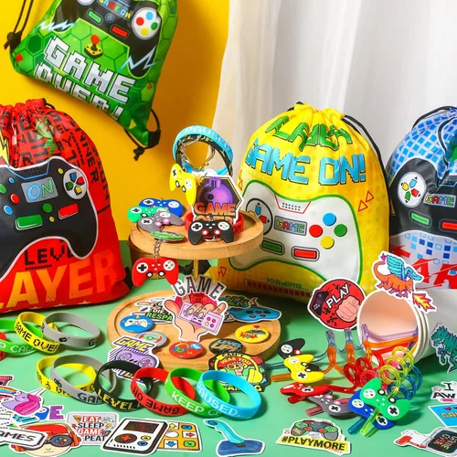 Miniatura 2 de Sadnyy 140 piezas de regalos de fiesta de videojuegos, decoraciones de cumpleaños, bolsas con cordón con pulseras de silicona, llaveros, pajitas