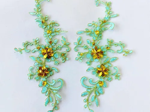 Miniatura 20 de Parches de tela de encaje fino bordados con diamantes de imitación bordados, decoración de vestido para coser en lentejuelas cuentas, accesorio