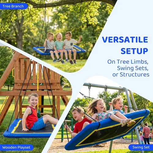 Miniatura 2 de Columpio de árbol de plataforma rectangular de 60 pulgadas para niños y adultos, columpio gigante con correa ajustable para colgar, tela de Azul 02
