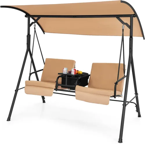 Miniatura 10 de Tangkula Columpio de porche para 2 personas, columpio al aire libre con mesa de almacenamiento pivotante, bolsa refrigerante, 2 soportes para tazas