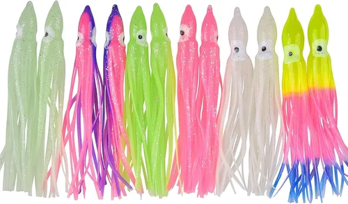 Miniatura 7 de Faldas de calamar de pesca, señuelos de pulpo, señuelos de pesca de plástico suave, cebo de calamar para agua salada, lubina, trucha de salmón Verde