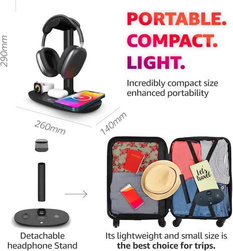 Miniatura 6 de Cargador inalámbrico 4 en 1 con soporte para auriculares, soporte para cascos y base de estación para Apple Watch, AirPods Max/Pro/Pro 2/AirPods