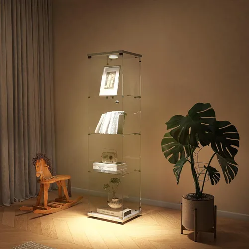 Miniatura 7 de Vitrina de cristal con luces y cerradura, vitrina Curio de 4 niveles con puerta de cristal, escaparate de pie para sala de estar, dormitorio, Blanco