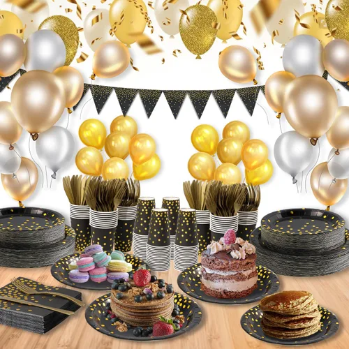 Miniatura 2 de Suministros de fiesta negros y dorados, 145 platos de papel, servilletas, cuchillos, tenedores, vasos, pancartas, para víspera de Año Nuevo 2026