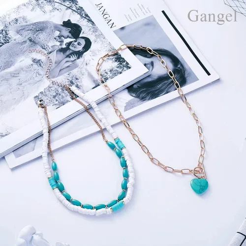 Miniatura 8 de Gangel Collar bohemio con forma de corazón, collares en capas de turquesa, gargantilla de surfista, collar de concha de puka, collar de playa