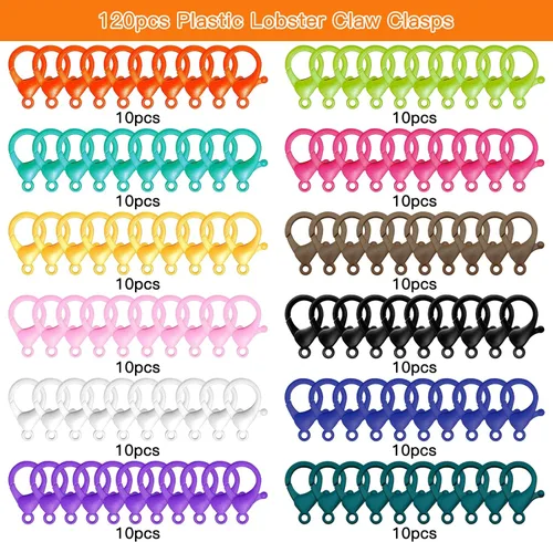 Miniatura 2 de 120 cierres de pinza de langosta de plástico para la fabricación de joyas, gancho multicolor de langosta con lindo cordón, ganchos a presión, clips