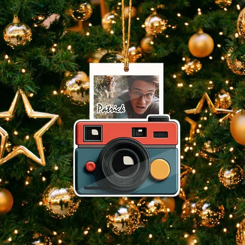 Miniatura 5 de Adorno acrílico en forma de cámara 2D, nombre personalizado y foto colgante de Navidad para fotógrafo, adorno de marco de fotos retro personalizado